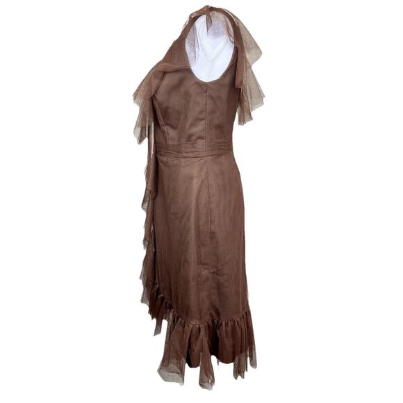 Vintage Y2K Alfred Angelo Tulle Dress Size 4/6 Brown Midi Fairy Pin-Up Ruffle - Picture 4 of 16
